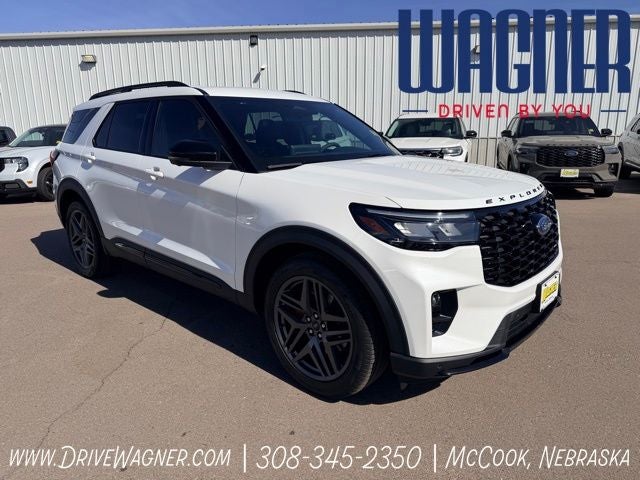 2026 Ford Explorer ST in Star White Metallic Tri-Coat — front three-quarter view